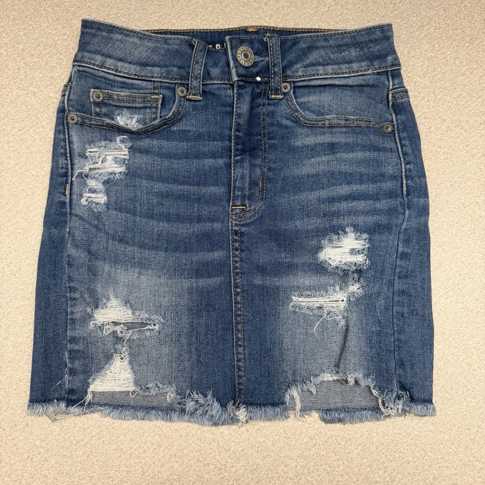 American Eagle Mini Skirt Size 00 Womens Cut Off Super Stretch Distressed Denim